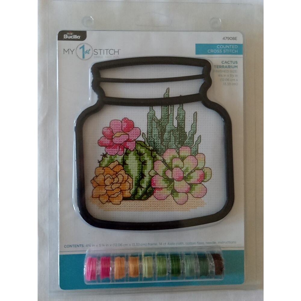 Bucilla 47908E My 1st Stitch Counted Cross Stitch Kit Terrarium Cactus 4 Inch